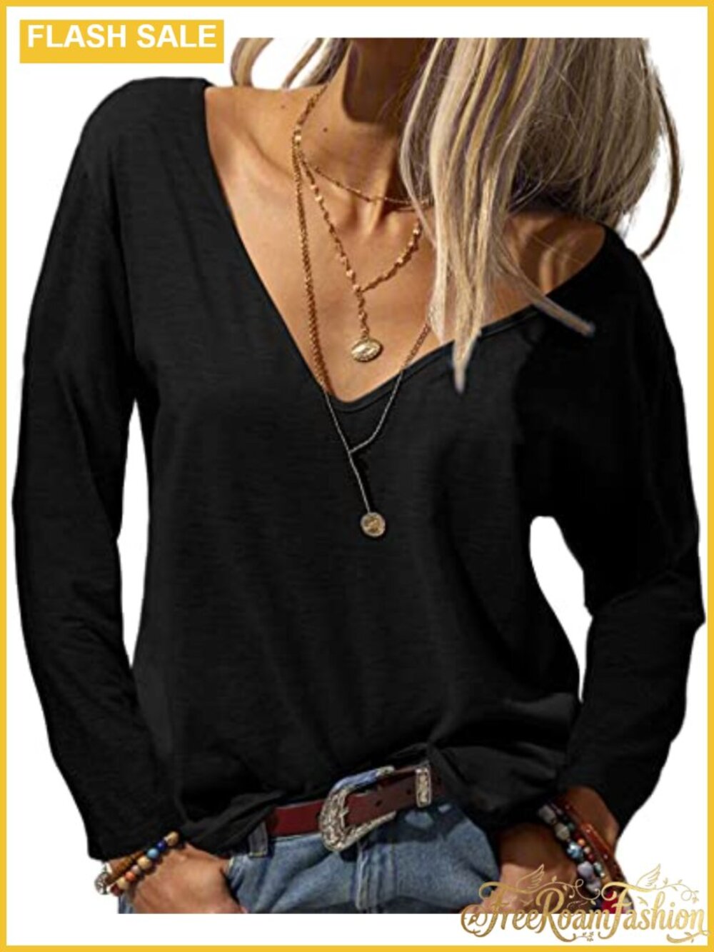 Women Deep V Neck Long Sleeve T Shirt Casual Loose Fit Basic Top